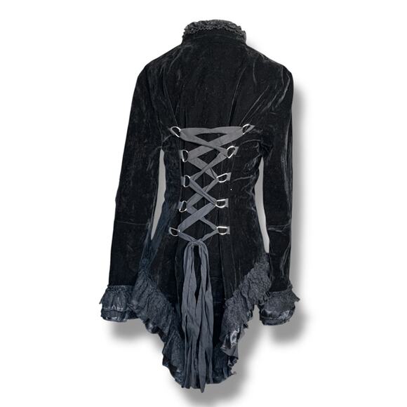 Hearts And Roses Black Velvet Gothic Military Jacket Lace Up Corset Back Sheer 8 - Picture 9 of 12